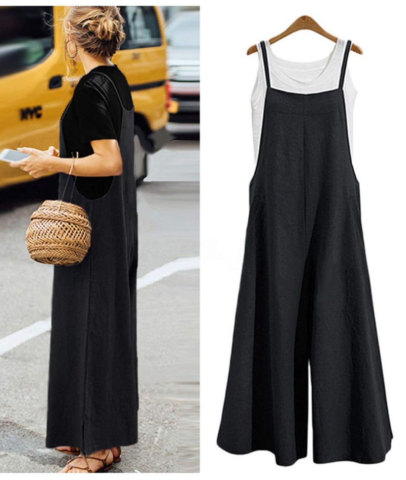 YESNO Women Casual Loose Long Bib Pants Wide Leg Jumpsuits Baggy Cotton Rompers Overalls with Pockets (S PZZTYP2 Black) - Image 2